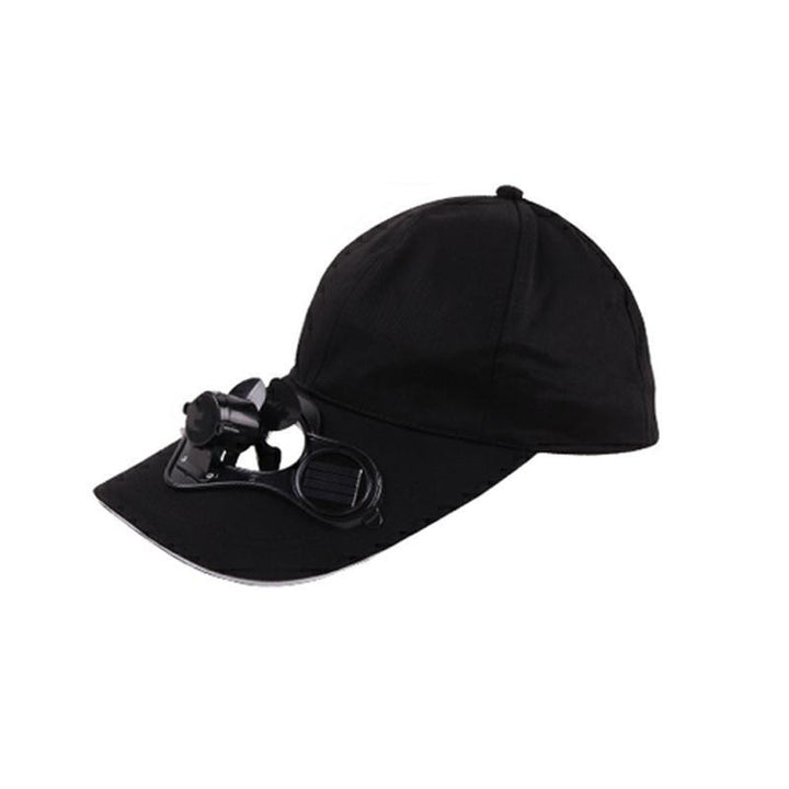 Unisex kylkeps med solcellsfläkt i blått. Lätt polyestermaterial, justerbar passform, perfekt för vandring och cykling.