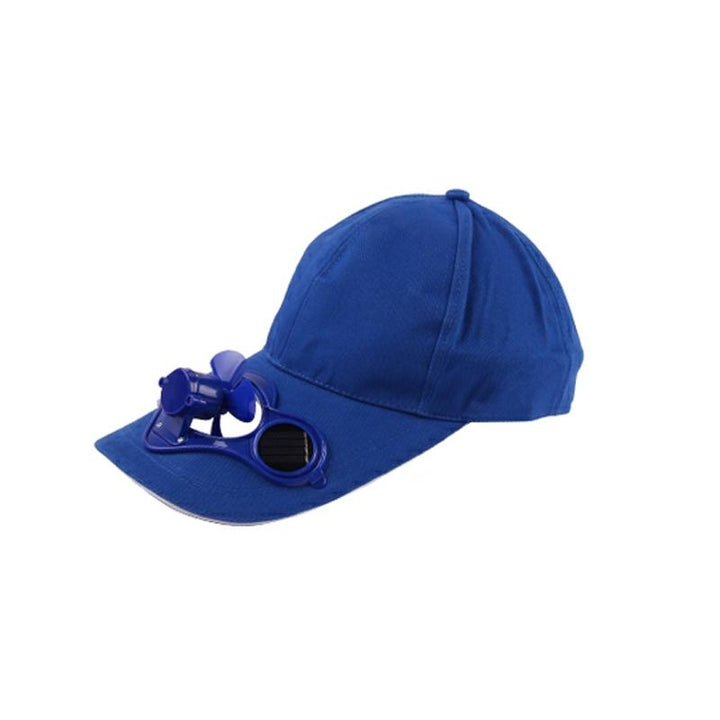 Unisex kylkeps med solcellsfläkt i blått. Lätt polyestermaterial, justerbar passform, perfekt för vandring och cykling.