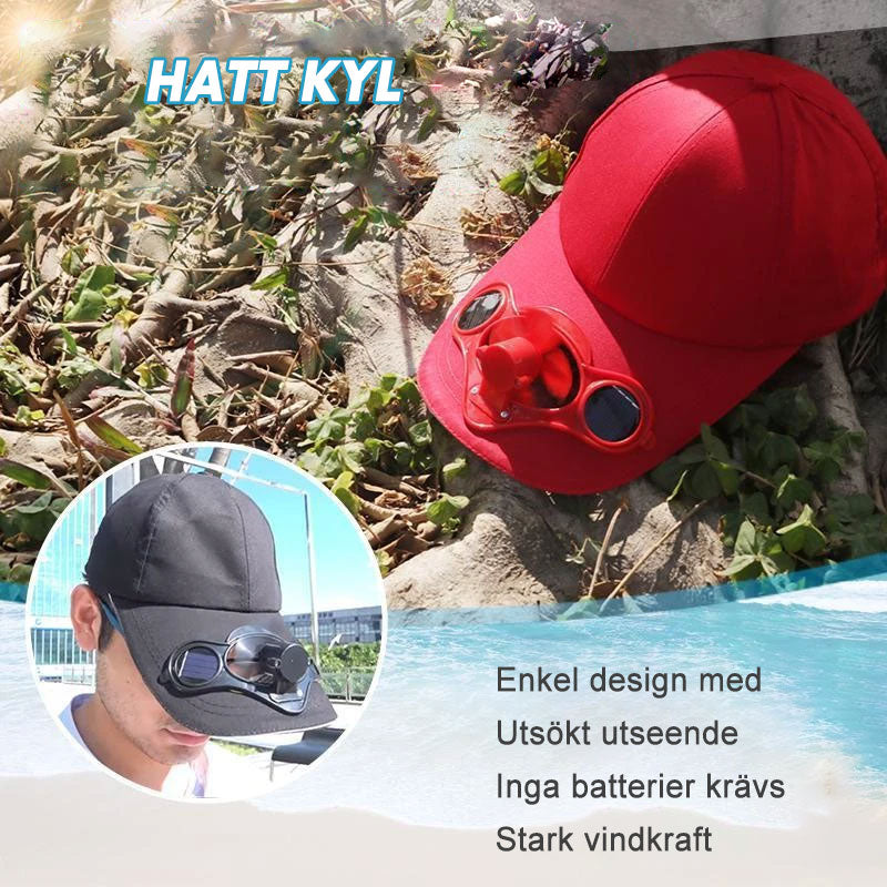 Unisex kylkeps med solcellsfläkt i blått. Lätt polyestermaterial, justerbar passform, perfekt för vandring och cykling.