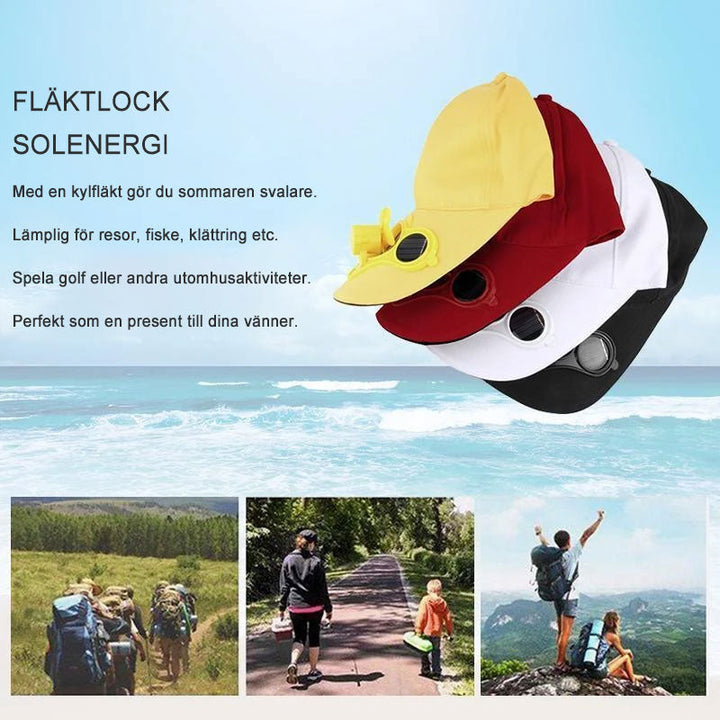 Unisex kylkeps med solcellsfläkt i blått. Lätt polyestermaterial, justerbar passform, perfekt för vandring och cykling.