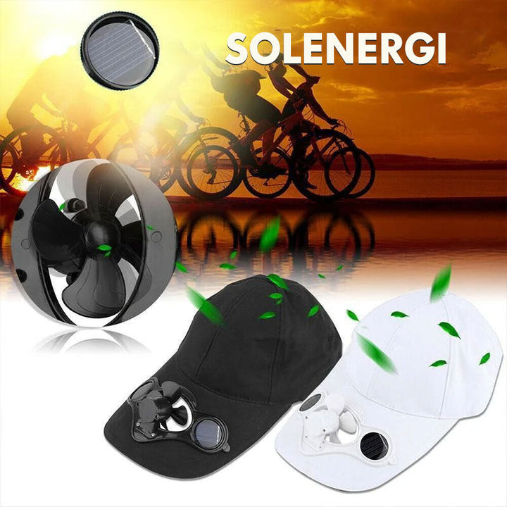 Unisex kylkeps med solcellsfläkt i blått. Lätt polyestermaterial, justerbar passform, perfekt för vandring och cykling.