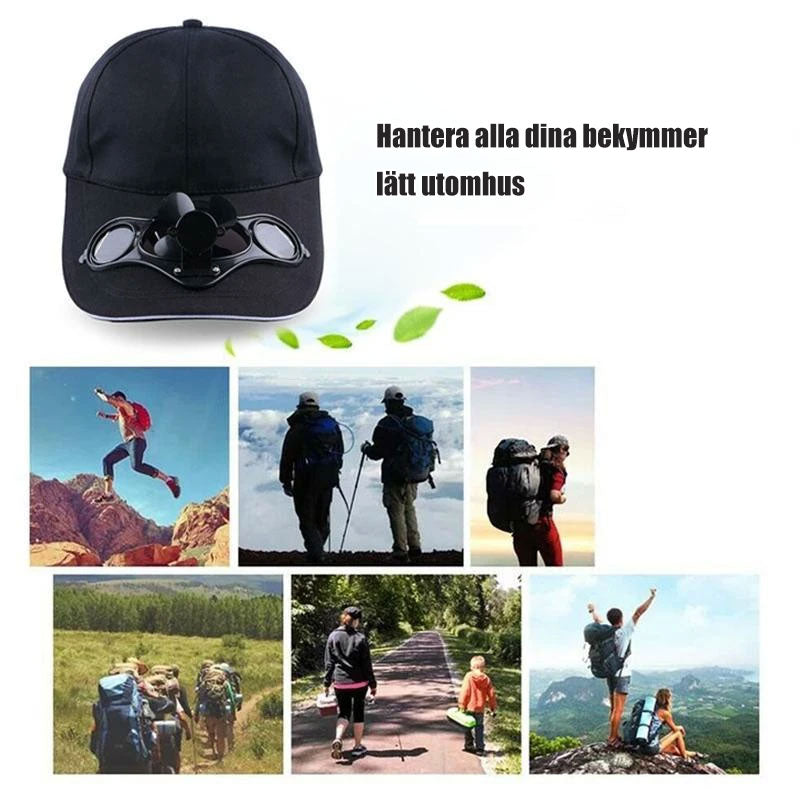 Unisex kylkeps med solcellsfläkt i blått. Lätt polyestermaterial, justerbar passform, perfekt för vandring och cykling.