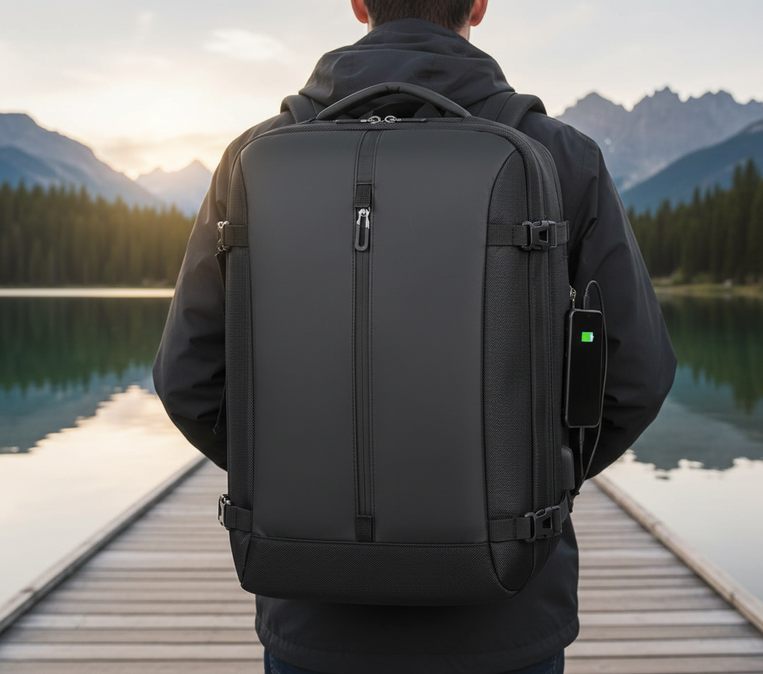 Unisex laptopryggsäck, svart och vattentålig, perfekt för pendling och resor. Expandberbar design för extra utrymme.