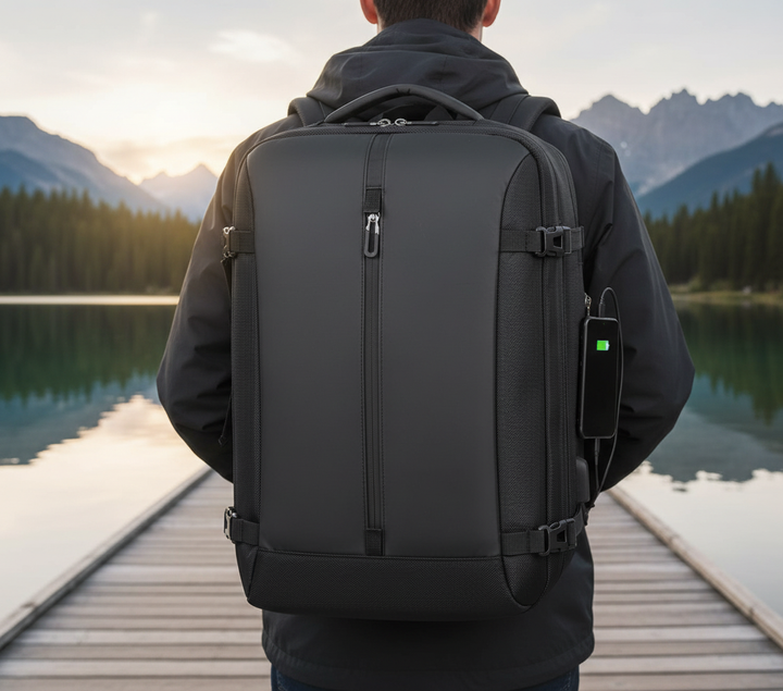 Unisex laptopryggsäck, svart och vattentålig, perfekt för pendling och resor. Expandberbar design för extra utrymme.