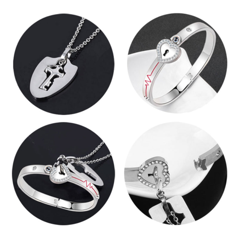Unisex låsarmband och nyckelhalsband i titanstål, elegant design i stål och roséguld, stilfullt och hållbart smyckeset.