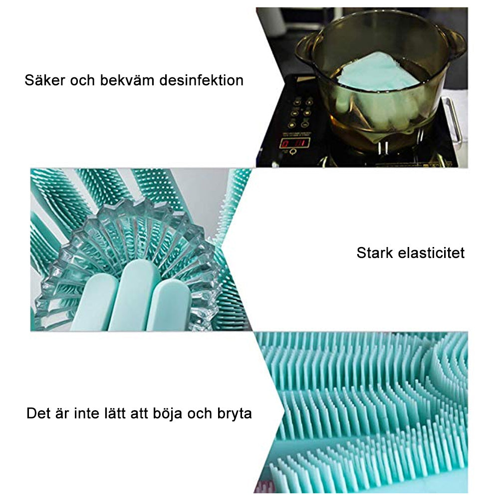 "Unisex magiska silikon diskhandskar, multifunktionella, gröna och ljuslila, mjuk borstyrkel för effektiv rengöring"