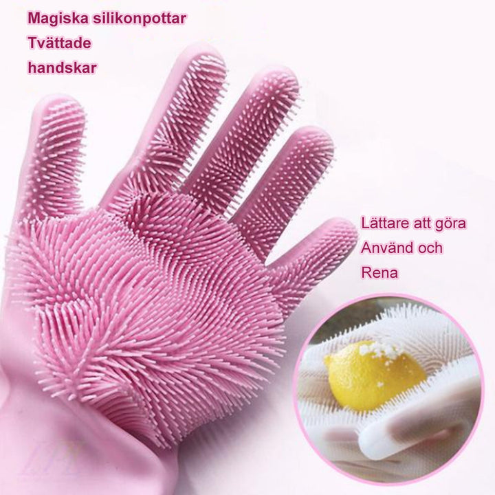 "Unisex magiska silikon diskhandskar, multifunktionella, gröna och ljuslila, mjuk borstyrkel för effektiv rengöring"