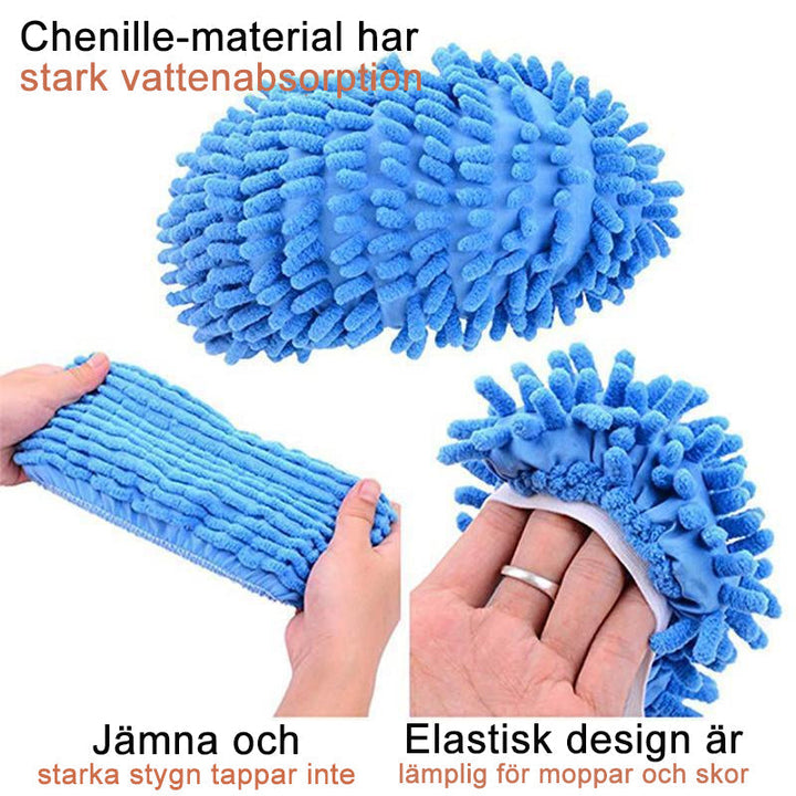 "Unisex mopptofflor i chenillefiber, färgglada och bekväma, för effektiv golvrengöring. Enkla att använda utan att böja sig."