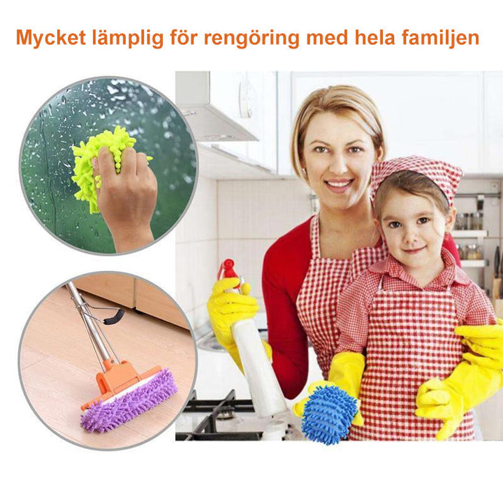 "Unisex mopptofflor i chenillefiber, färgglada och bekväma, för effektiv golvrengöring. Enkla att använda utan att böja sig."