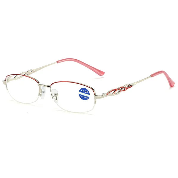 Guld- och lilafärgade multifokala läsglasögon, unisex, med anti-blåljusfilter för optimalt ögonskydd.