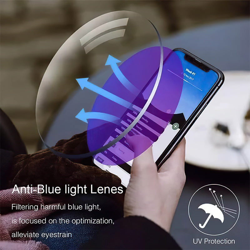 Stilrena unisex eyewear multifokala läsglasögon med anti-blåljusfilter och flexibel passform.