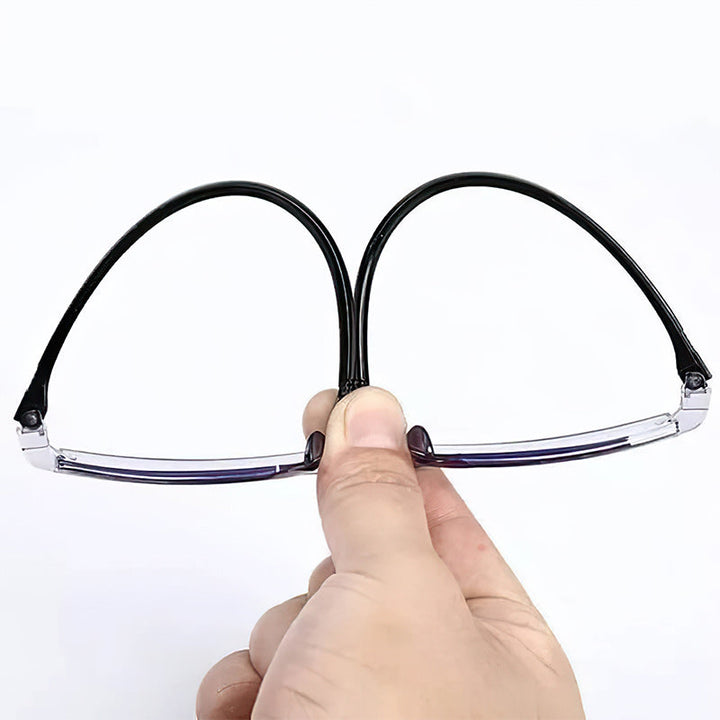 Multifokala läsglasögon i guld och lila, unisex med anti-blåljusfilter för synkomfort.