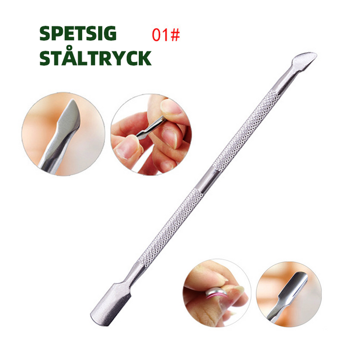 "Unisex nagelvårdset, rostfritt stål, ergonomisk design, precisionsresultat, fyra verktyg för optimal vård."