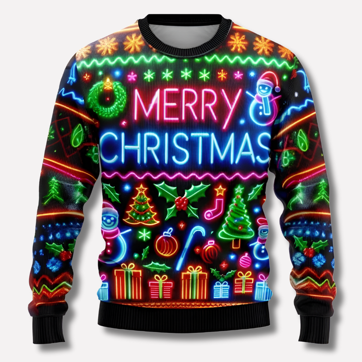 Unisex neon jultröja med stickade renar och snöflingor. Festlig, varm tröja för jul och vinter.