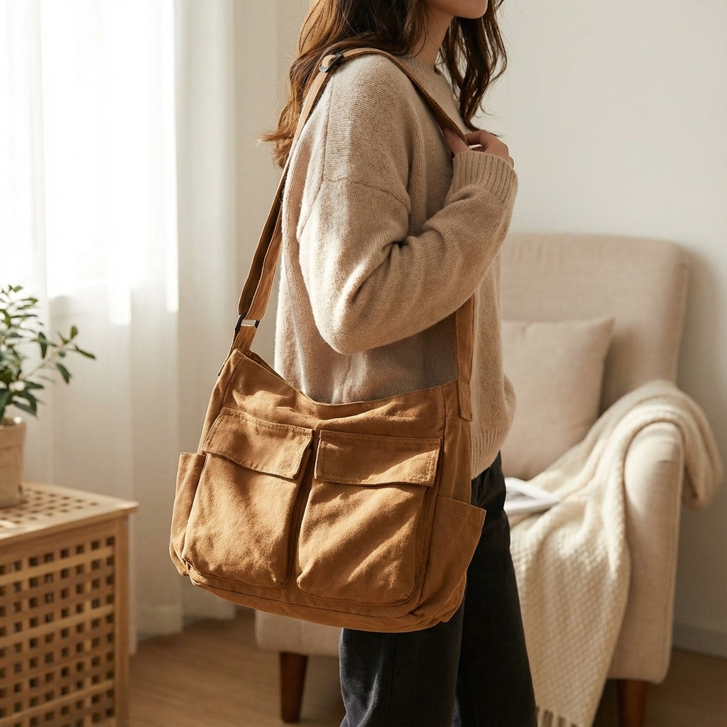 Unisex organiseringsväska i canvas med flera fack. Perfekt som lätt crossbodyväska för vardagsbruk.