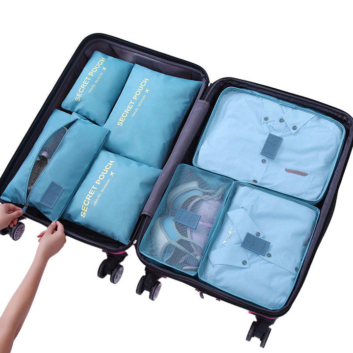 "Unisex packkuber 6-pack, olika storlekar med mesh- och handtagsdesign i färgglad polyester, travel accessories."