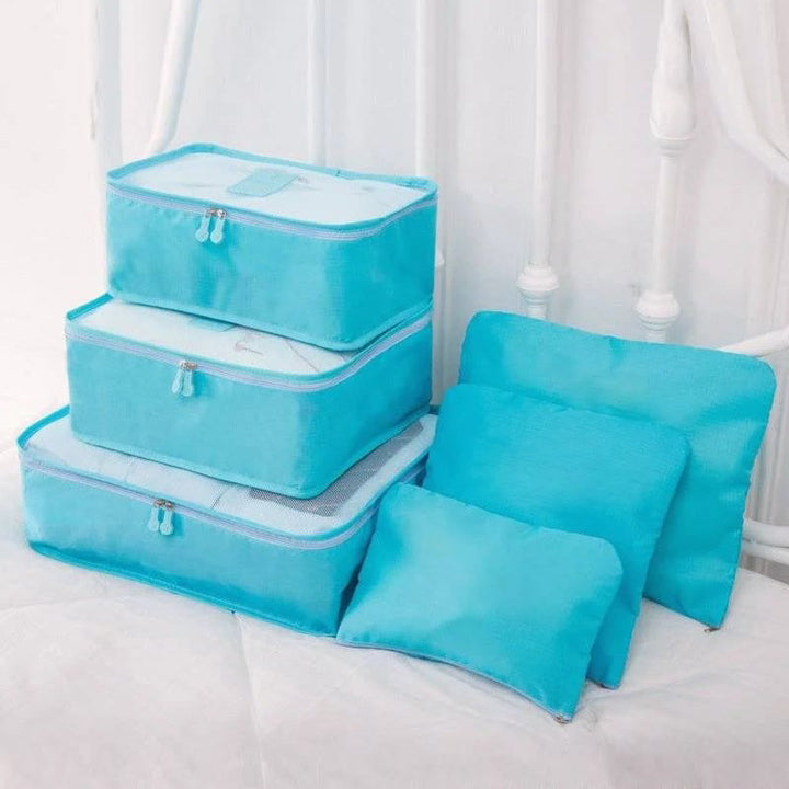 "Unisex packkuber 6-pack, olika storlekar med mesh- och handtagsdesign i färgglad polyester, travel accessories."