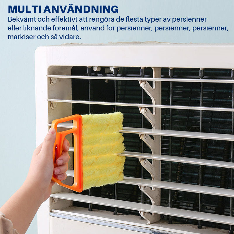 "Unisex persiennborste i mikrofiber och ABS med 7 lameller, blå handtag och vit borste för effektiv dammrengöring."