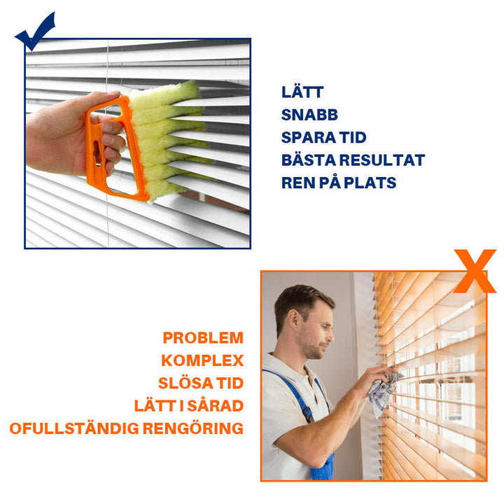 "Unisex persiennborste i mikrofiber och ABS med 7 lameller, blå handtag och vit borste för effektiv dammrengöring."