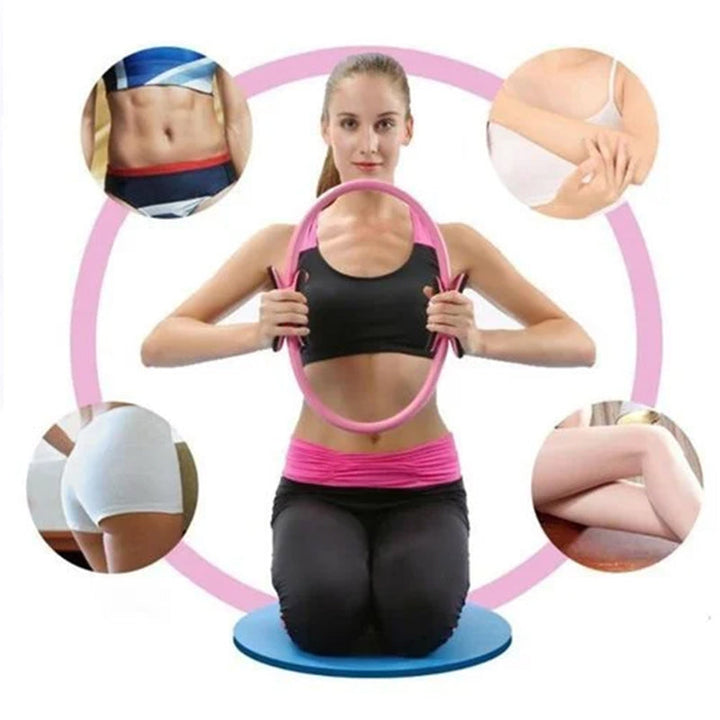 Unisex pilatescirkel i glasfiber, lämplig för hem och gym, visas i olika färger, 36 cm diameter, mjukt grepp.