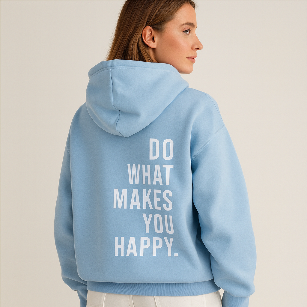 Detaljbild av det unika motiverande trycket på ryggen av en Dylan unisex hoodie.