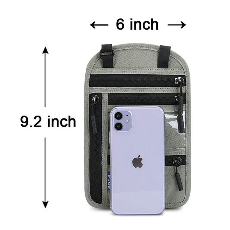 "Unisex resehalspåse i svart nylon med RFID-blockering, flera fack och vattentåliga egenskaper, perfekt för resor."