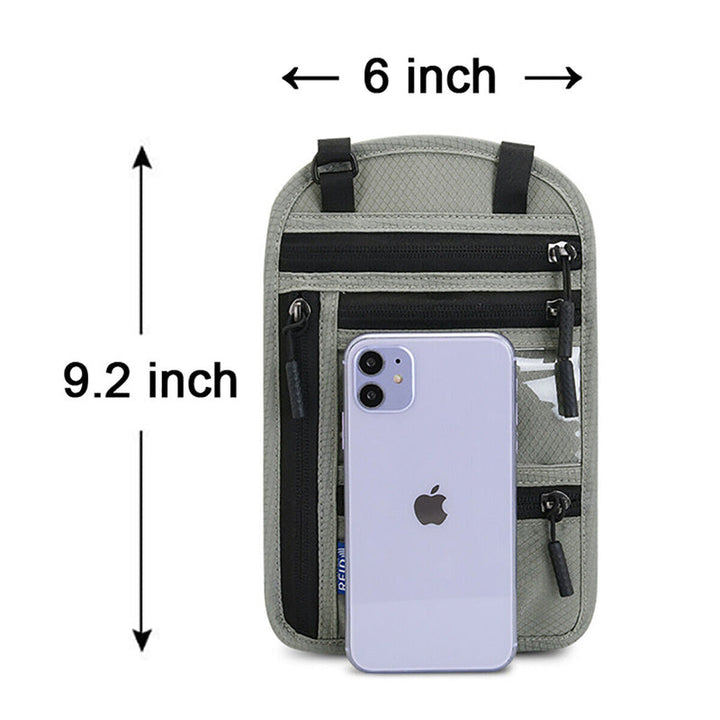 "Unisex resehalspåse i svart nylon med RFID-blockering, flera fack och vattentåliga egenskaper, perfekt för resor."