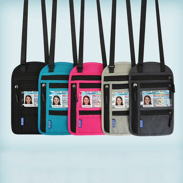 "Unisex resehalspåse i svart nylon med RFID-blockering, flera fack och vattentåliga egenskaper, perfekt för resor."