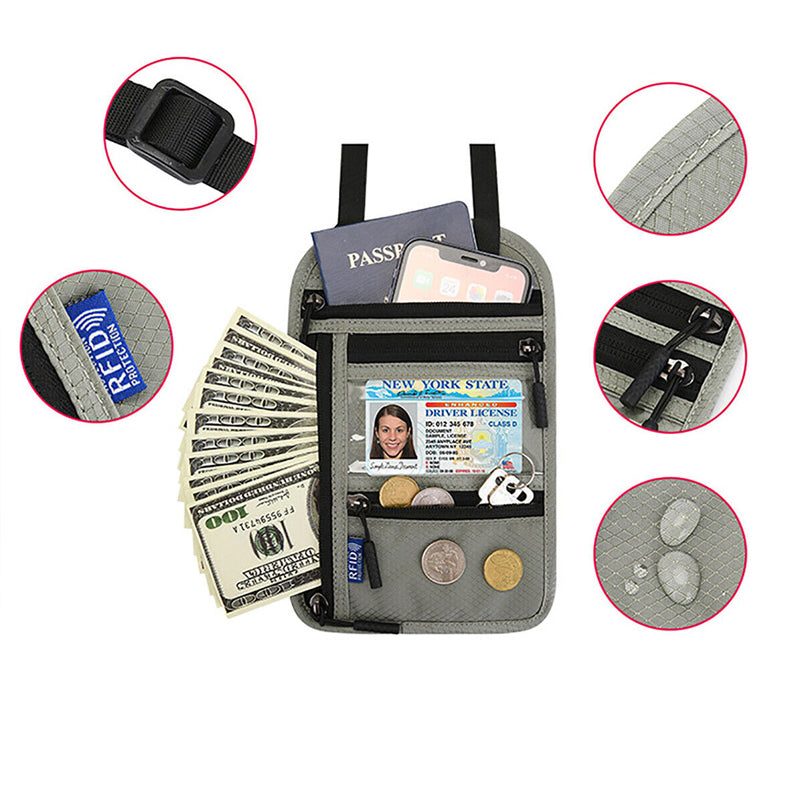 "Unisex resehalspåse i svart nylon med RFID-blockering, flera fack och vattentåliga egenskaper, perfekt för resor."