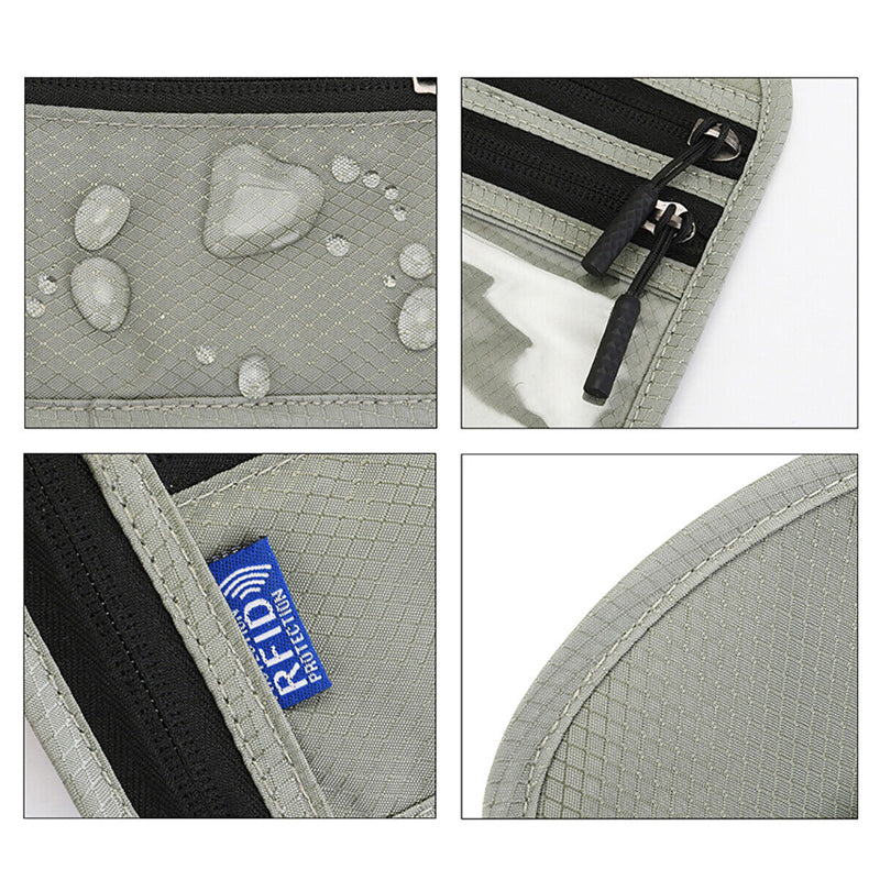 "Unisex resehalspåse i svart nylon med RFID-blockering, flera fack och vattentåliga egenskaper, perfekt för resor."