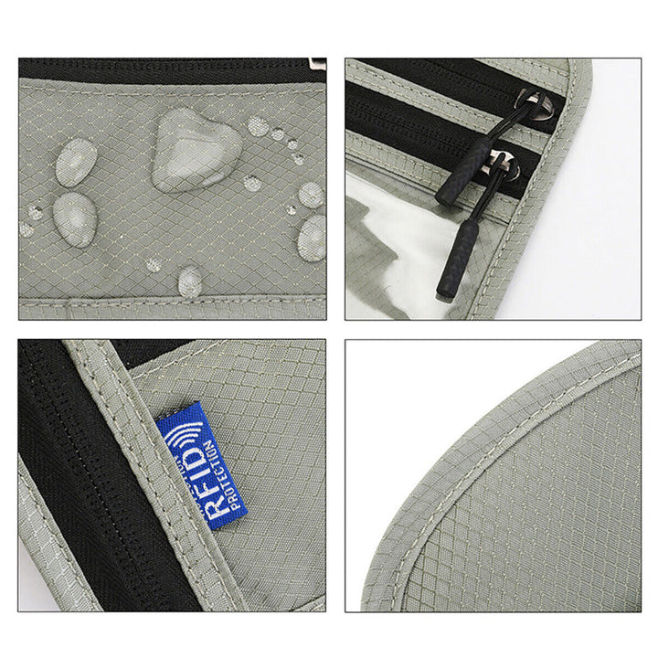 "Unisex resehalspåse i svart nylon med RFID-blockering, flera fack och vattentåliga egenskaper, perfekt för resor."