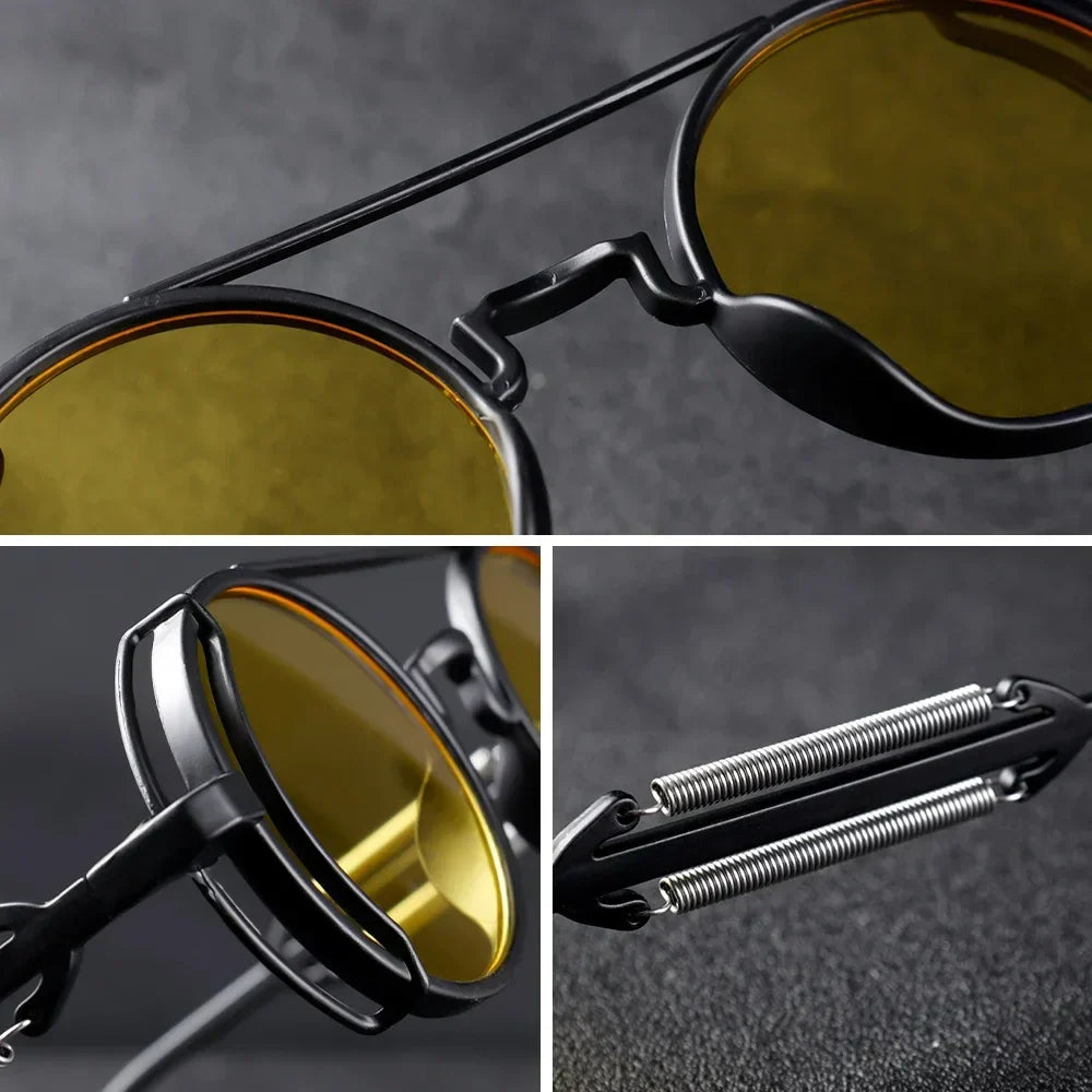 Runda unisex solglasögon med retrostil, UV-skydd och unika mekaniska detaljer. Perfekt modeaccessoar.