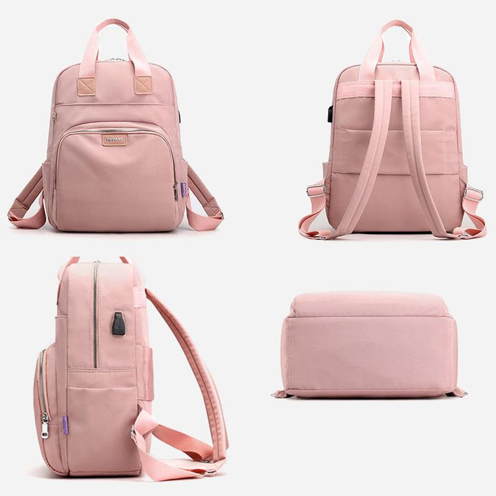 "Unisex ryggsäck med laddningsport, rymlig design, justerbara axelband och åtta färger, perfekt för resor och pendling."