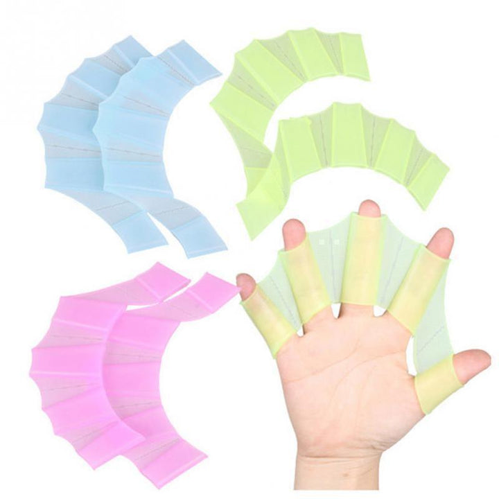 Unisex simhandskar i silikon med hydrodynamisk design, bäddade fingrar, perfekt för simning och vattenaktiviteter.