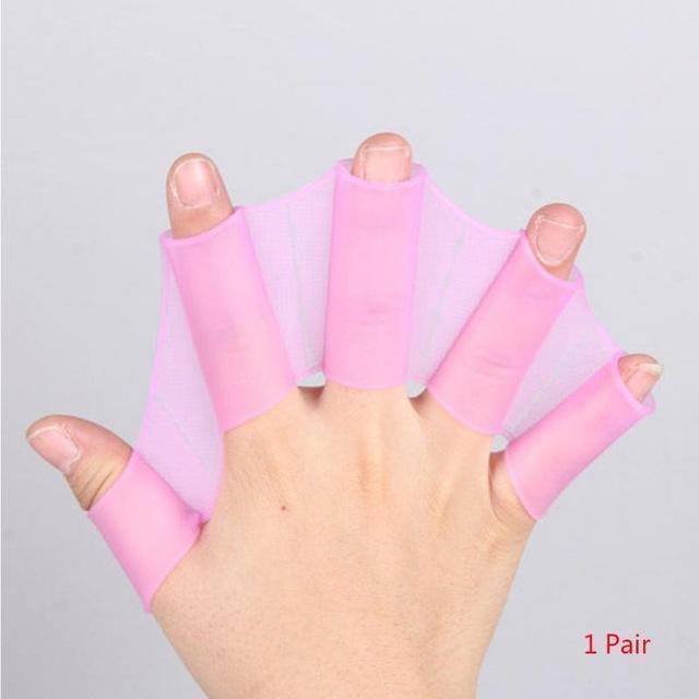 Unisex simhandskar i silikon med hydrodynamisk design, bäddade fingrar, perfekt för simning och vattenaktiviteter.