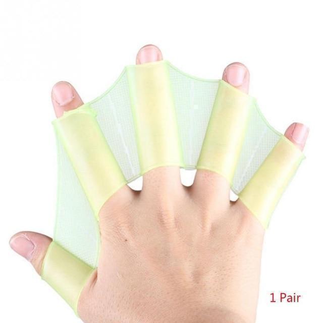 Unisex simhandskar i silikon med hydrodynamisk design, bäddade fingrar, perfekt för simning och vattenaktiviteter.