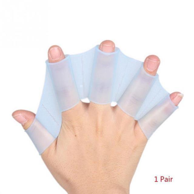 Unisex simhandskar i silikon med hydrodynamisk design, bäddade fingrar, perfekt för simning och vattenaktiviteter.