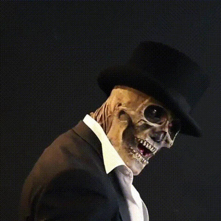 Detaljerad latex skelettmask med biokemiska inslag. Idealisk för skräck-cosplay och halloweenfester.