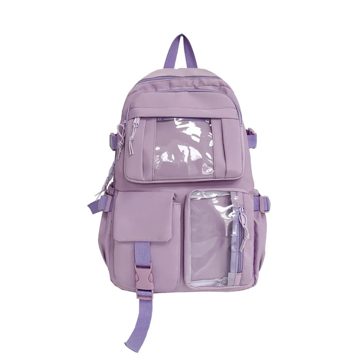 Rymlig unisex ryggsäck med displayfönster, perfekt som skolryggsäck och modeaccessoar.