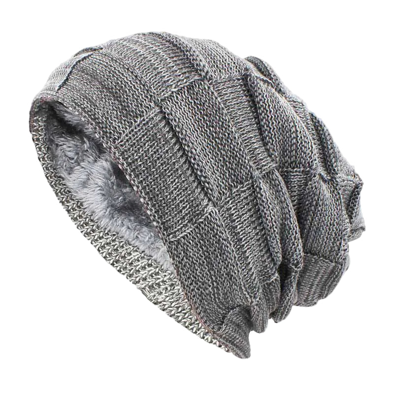 Unisex slokmössa i grått stickat ylle, trendig och bekväm för höst och vinter, detaljbild framifrån.