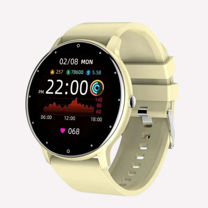 Närbild av modern unisex smartklocka på handled. Visar hälsofunktioner som puls & stegräkning för aktiv livsstil.
