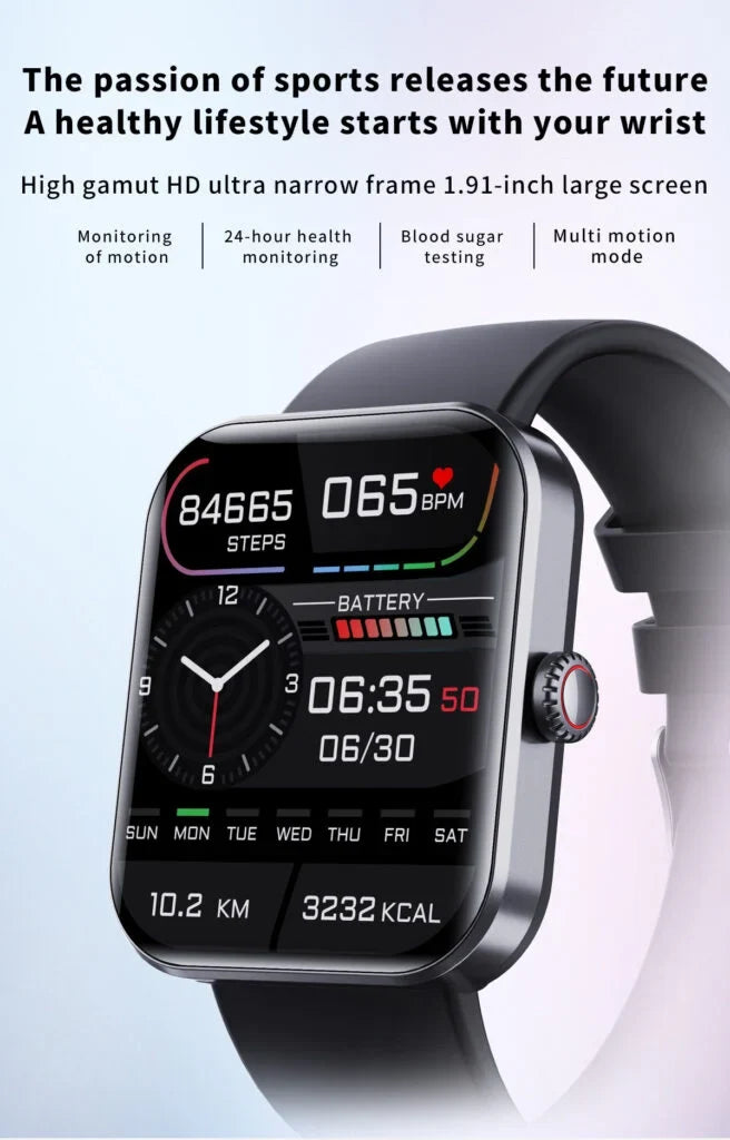 Hälsoteknik: Smartwatch med blodsockermätning, syremätare och wellnessfunktioner.