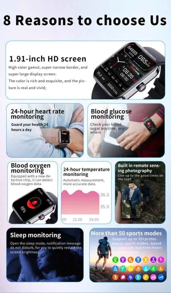 Unisex fitness-smartwatch med blodsockermätning och syremätare för optimal prestation.