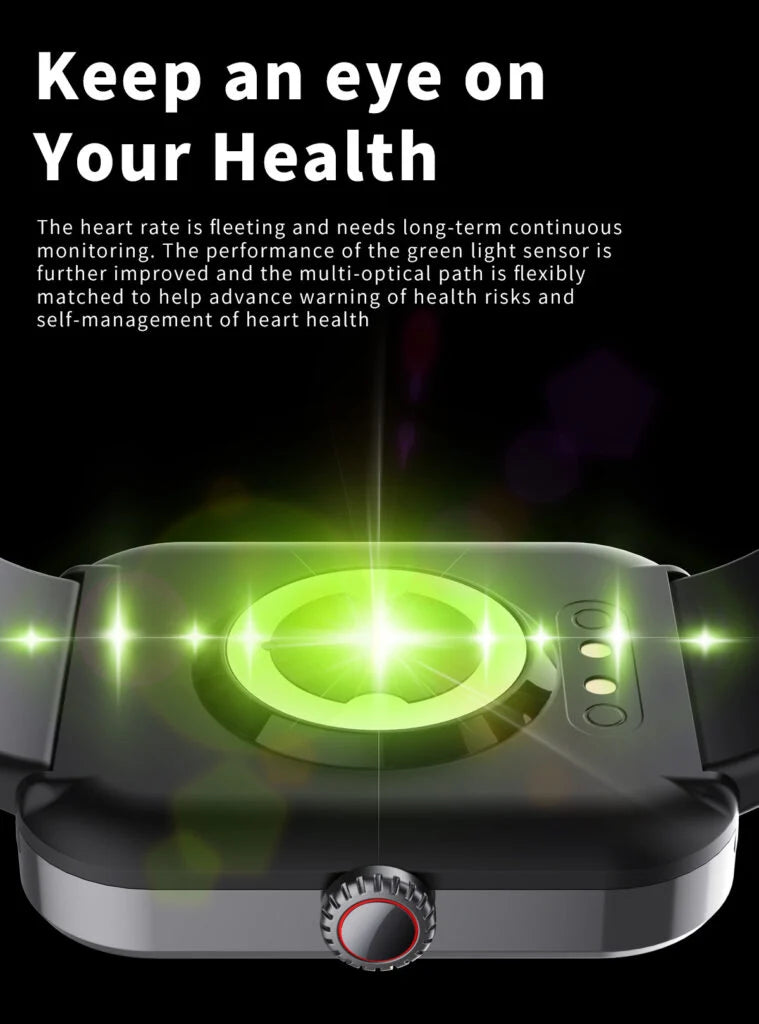 Smartklocka med ickeinvasiv blodsockermätare, syremätare och wellnessfunktioner.