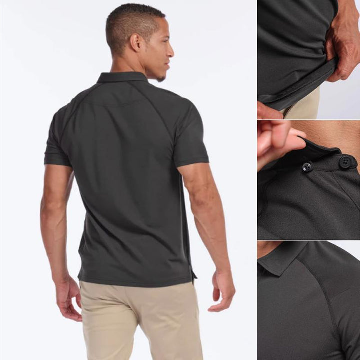 Unisex snabbttorkande pikétröja i blått med knappar och korta ärmar, perfekt för sport och fritidsbruk.