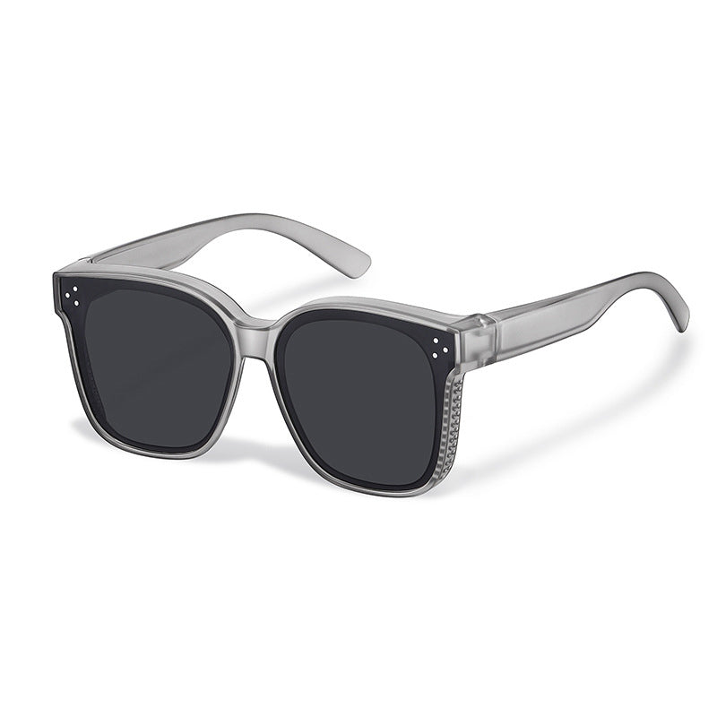 "Unisex snap-on solglasögon, fästa på vanliga glasögon, lätt design, nyanser: beige, mörkgrön, svart, silvergrå."