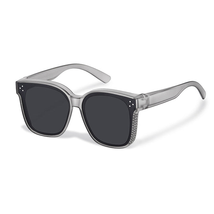 "Unisex snap-on solglasögon, fästa på vanliga glasögon, lätt design, nyanser: beige, mörkgrön, svart, silvergrå."