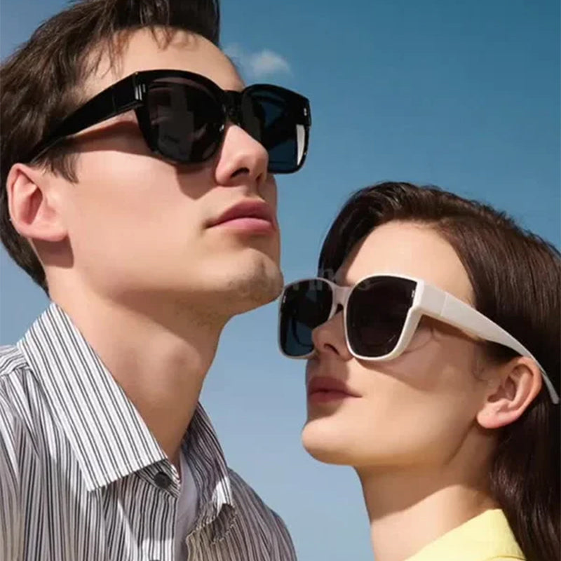 "Unisex snap-on solglasögon, fästa på vanliga glasögon, lätt design, nyanser: beige, mörkgrön, svart, silvergrå."