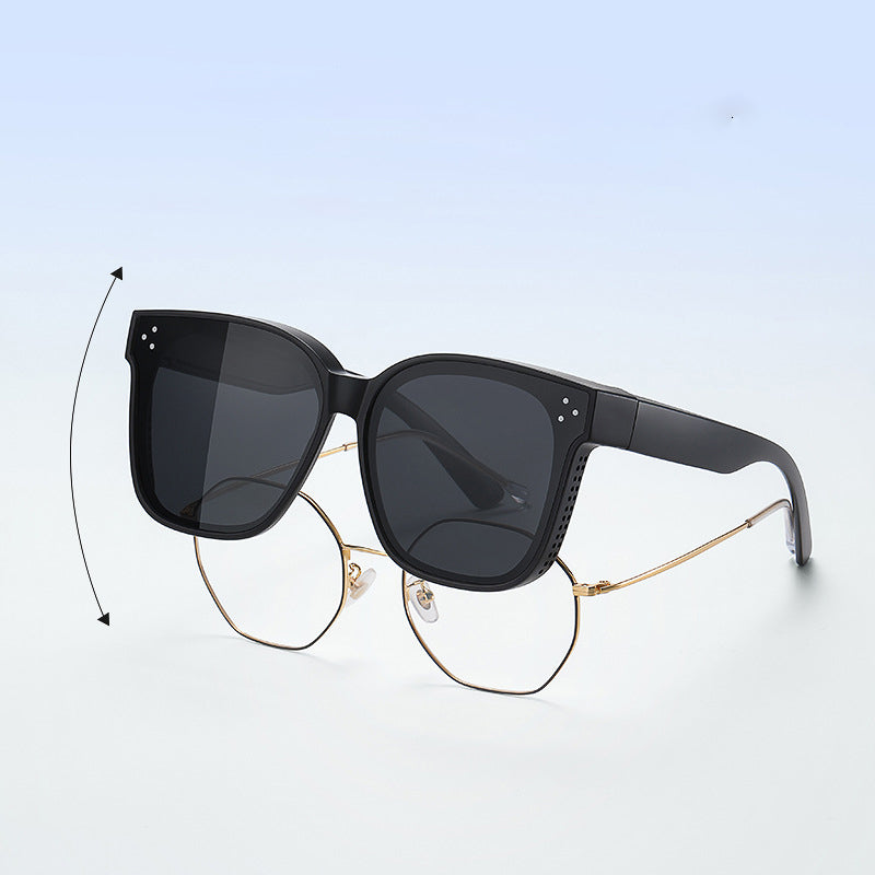 "Unisex snap-on solglasögon, fästa på vanliga glasögon, lätt design, nyanser: beige, mörkgrön, svart, silvergrå."