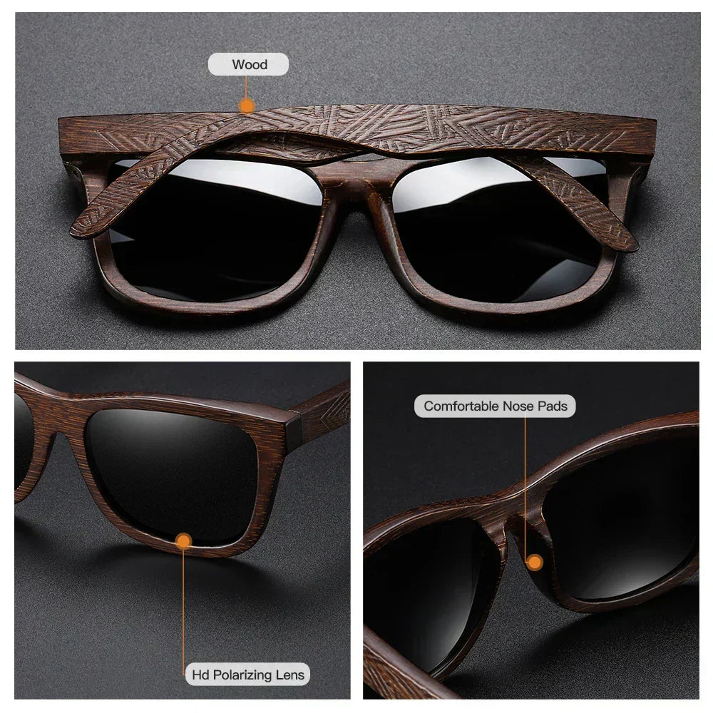 Klassiska unisex solglasögon i trälook med effektiva polariserade UV400-linser för soligt väder.